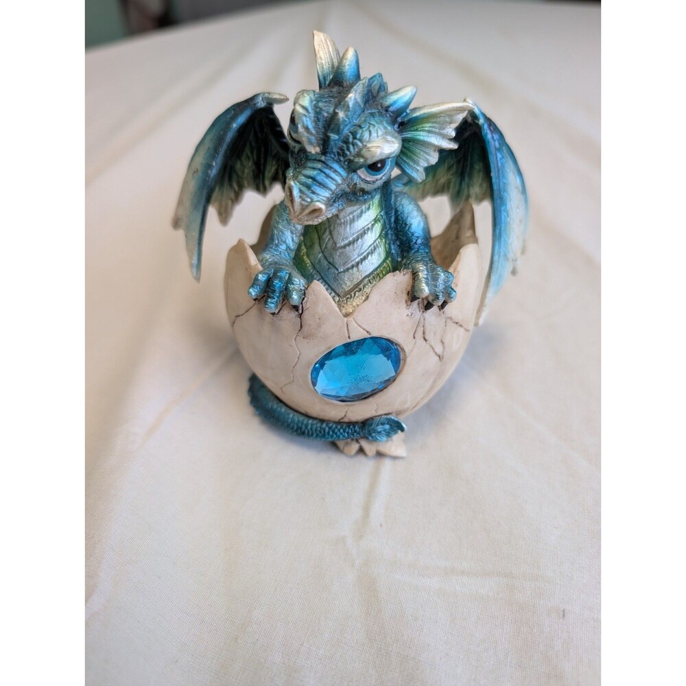 Hatchling Baby Blue Dragon in Egg Shell 4.5” Faux Aquamarine March Birthstone